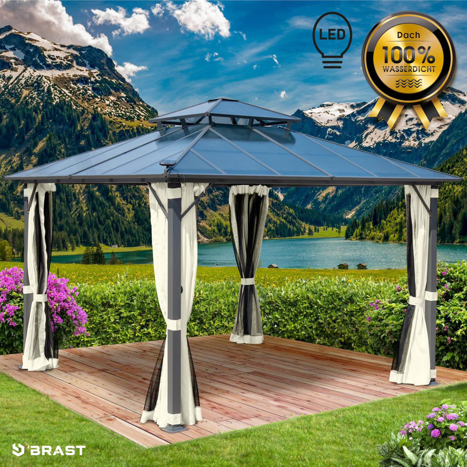 BRAST Alu Pavillon PAGODE 3.5x3.5m beige mit Moskitonetz & LED-Beleuchtung