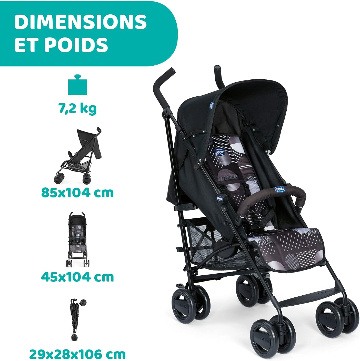 Chicco London Up Lightweight and Compact Stroller, Reclining Backrest with Protective Arc, Umbrella Folding - from Birth to 15 Kg - Matrix