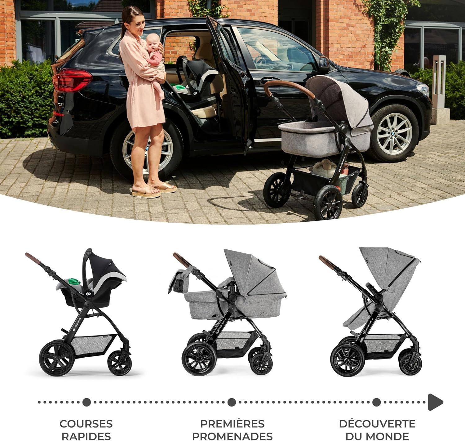 Poussette Kinderkraft Moov + Nacelle + Coque Auto Mink Pro - Grey Melange