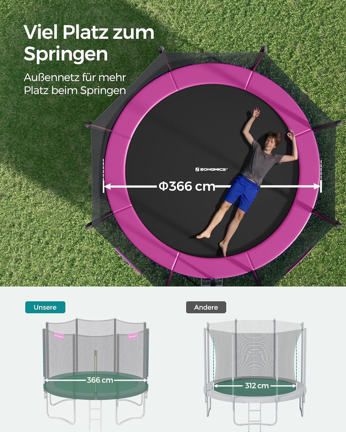 SONGMICS Trampolin Outdoor Ø 366cm. rundes Gartentrampolin mit Randabdeckung. mit Sicherheitsnetz. mit Leiter und gepolsterten Stangen