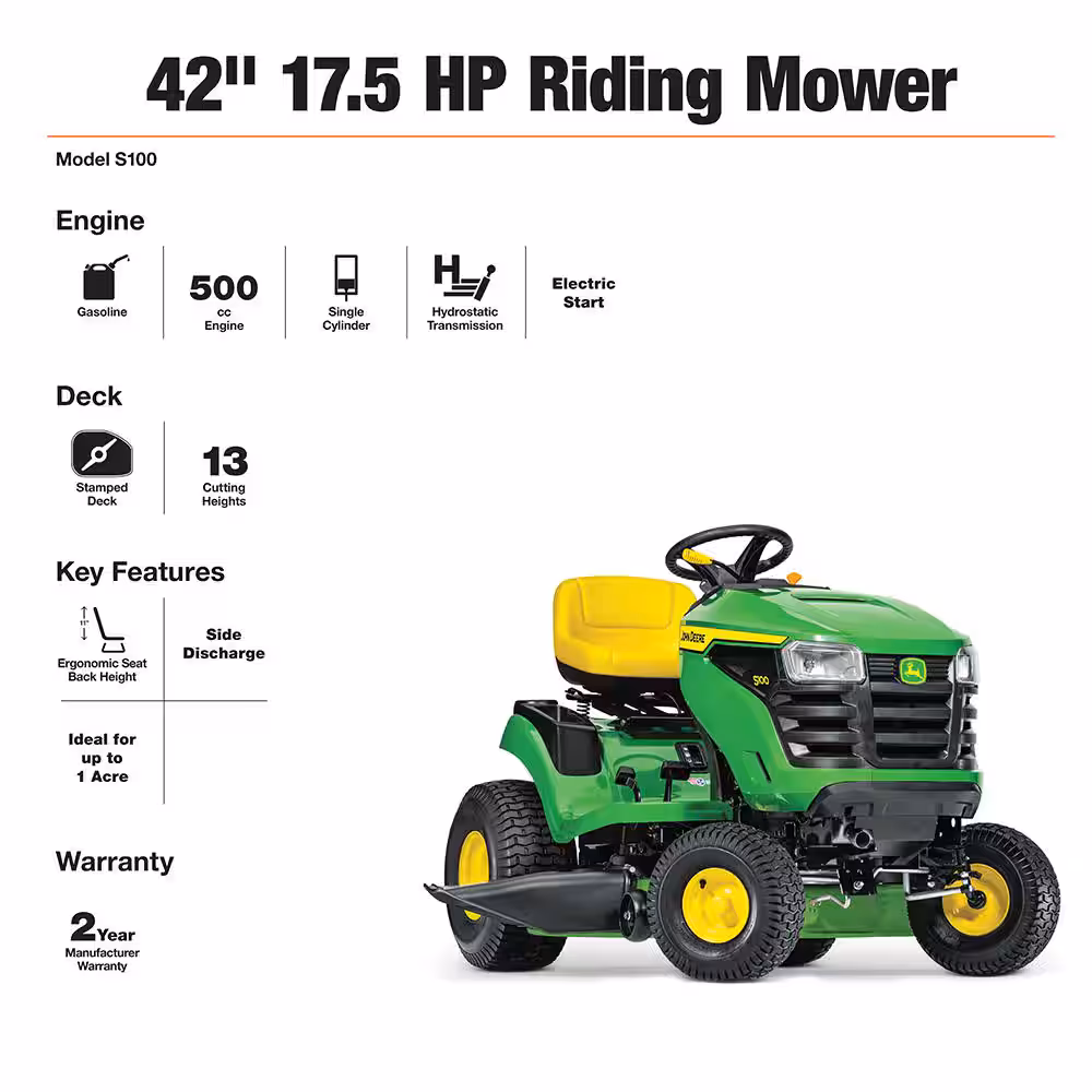 John Deere S100 42 in. 17.5 HP Gas Hydrostatic Riding Lawn Mower