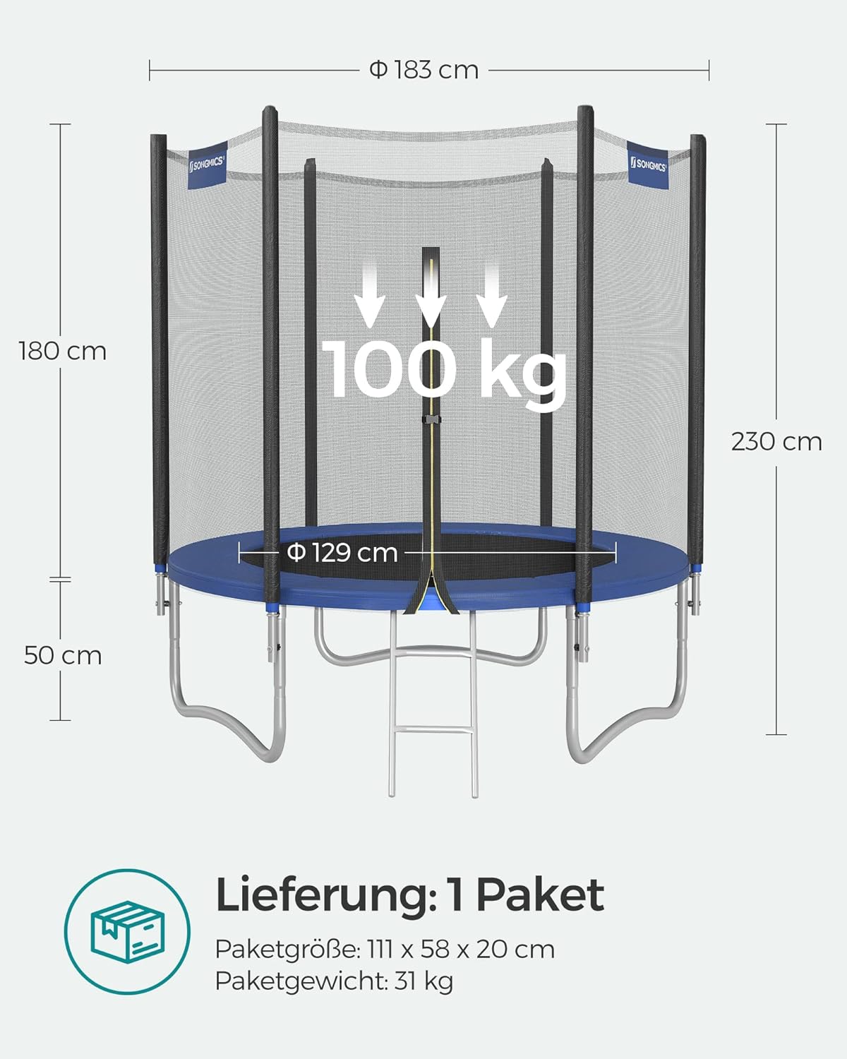 SONGMICS Trampolin Outdoor Ø 183cm. rundes Gartentrampolin mit Randabdeckung. mit Sicherheitsnetz. mit Leiter und gepolsterten Stangen
