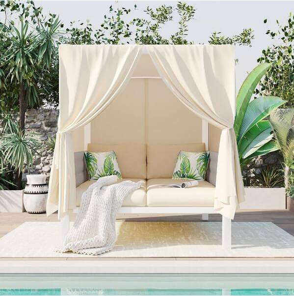 Beige Metal Outdoor Day Bed with Beige Curtains Beige Cushions Suitable for Multiple Scenarios