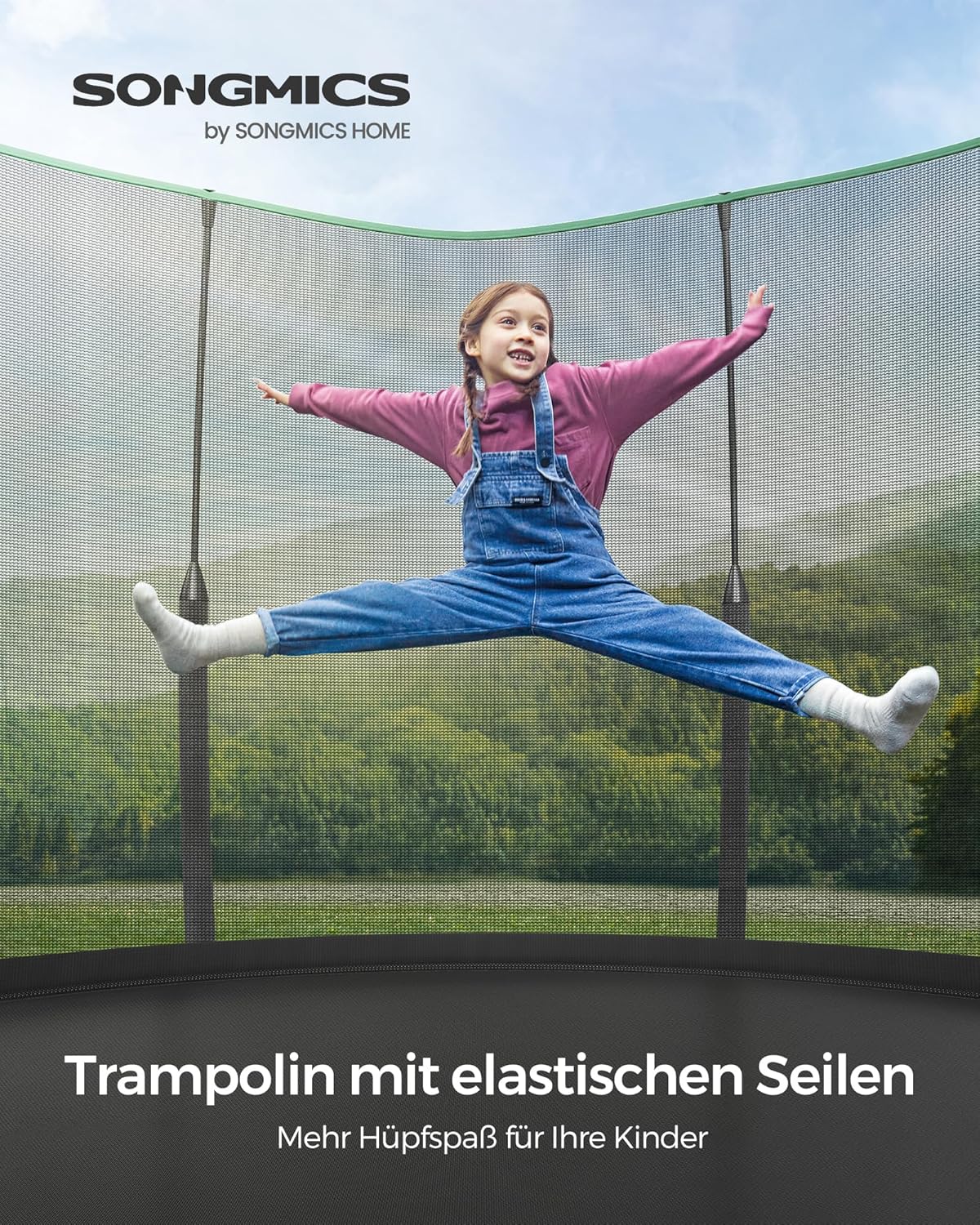 SONGMICS Federloses Trampolin Ø 366 cm. Trampolin Outdoor für Kinder. elastische Seile. Sicherheitsnetz mit Reißverschluss. Glasfaserstangen. sicher. geräuscharm