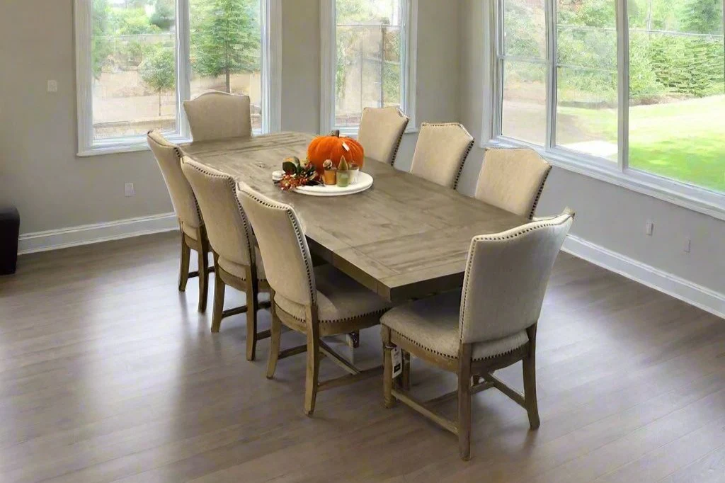 Caleb 9pc Dining Set (Extendable 84-114 Reclaimed Pine Table +8 Upholstered Chairs)