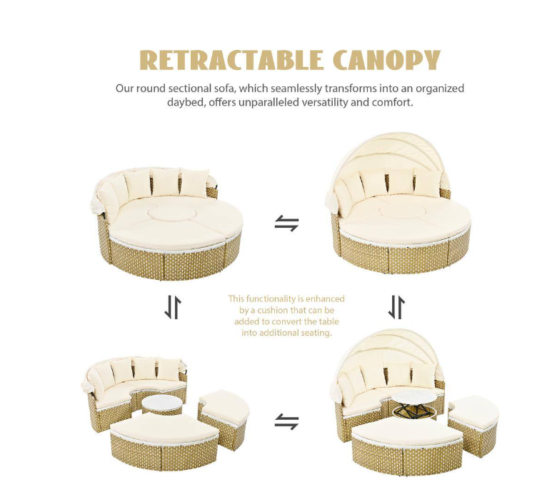 Metal Outdoor Sectional Sofa Set Rattan Daybed 2-Tone Weave Sunbed with Retractable Canopy and Removable Cushion