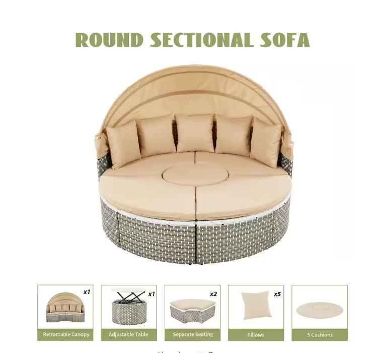 Metal Outdoor Sectional Sofa Set Rattan Daybed 2-Tone Weave Sunbed with Retractable Canopy and Removable Cushion