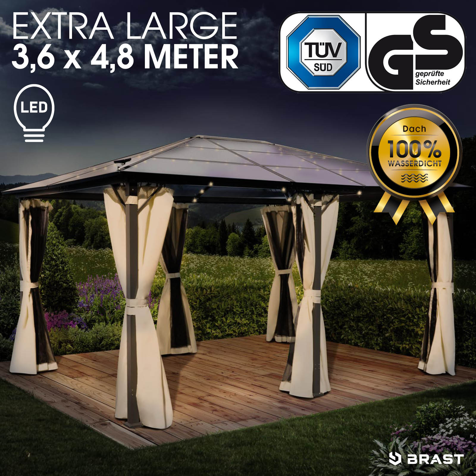 BRAST Alu-Pavillon PREMIUM 3.6x4.8m beige inkl. LEDs
