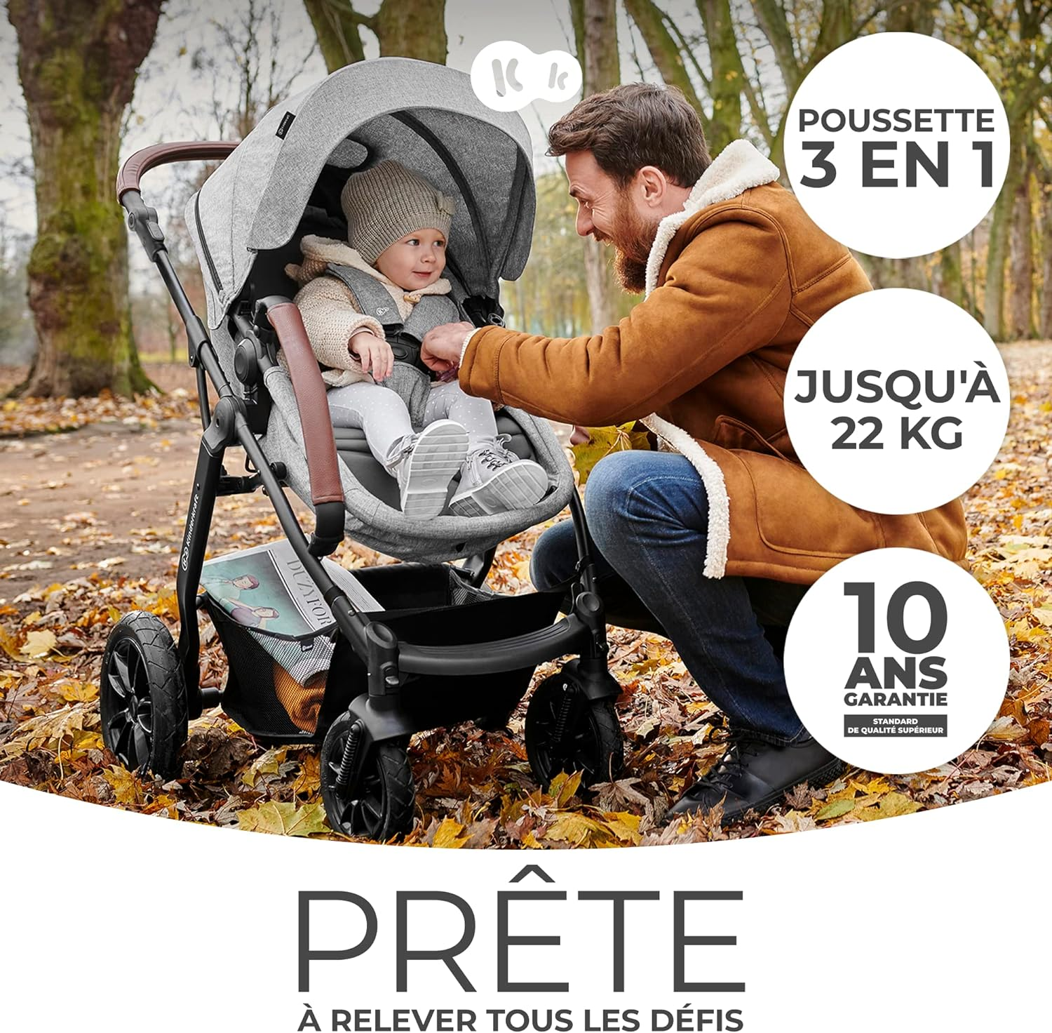 Poussette Kinderkraft Moov + Nacelle + Coque Auto Mink Pro - Grey Melange