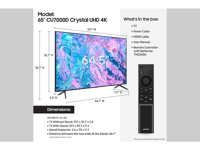 Samsung - 65”/75” Class CU7000 Crystal UHD 4K UHD Smart Tizen TV