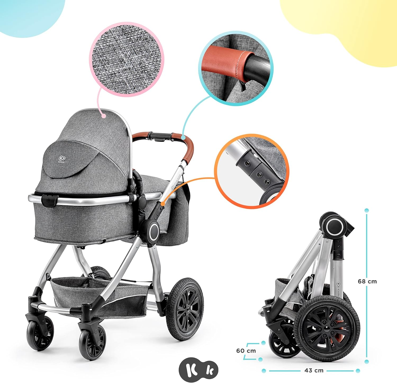 Kinderkraft VEO 3 in 1 Stroller, Combination Stroller, Compact, Pushchair, Pram, Carrycot, With Car Seat, With Accessories, Adapters, 15kg, Gray