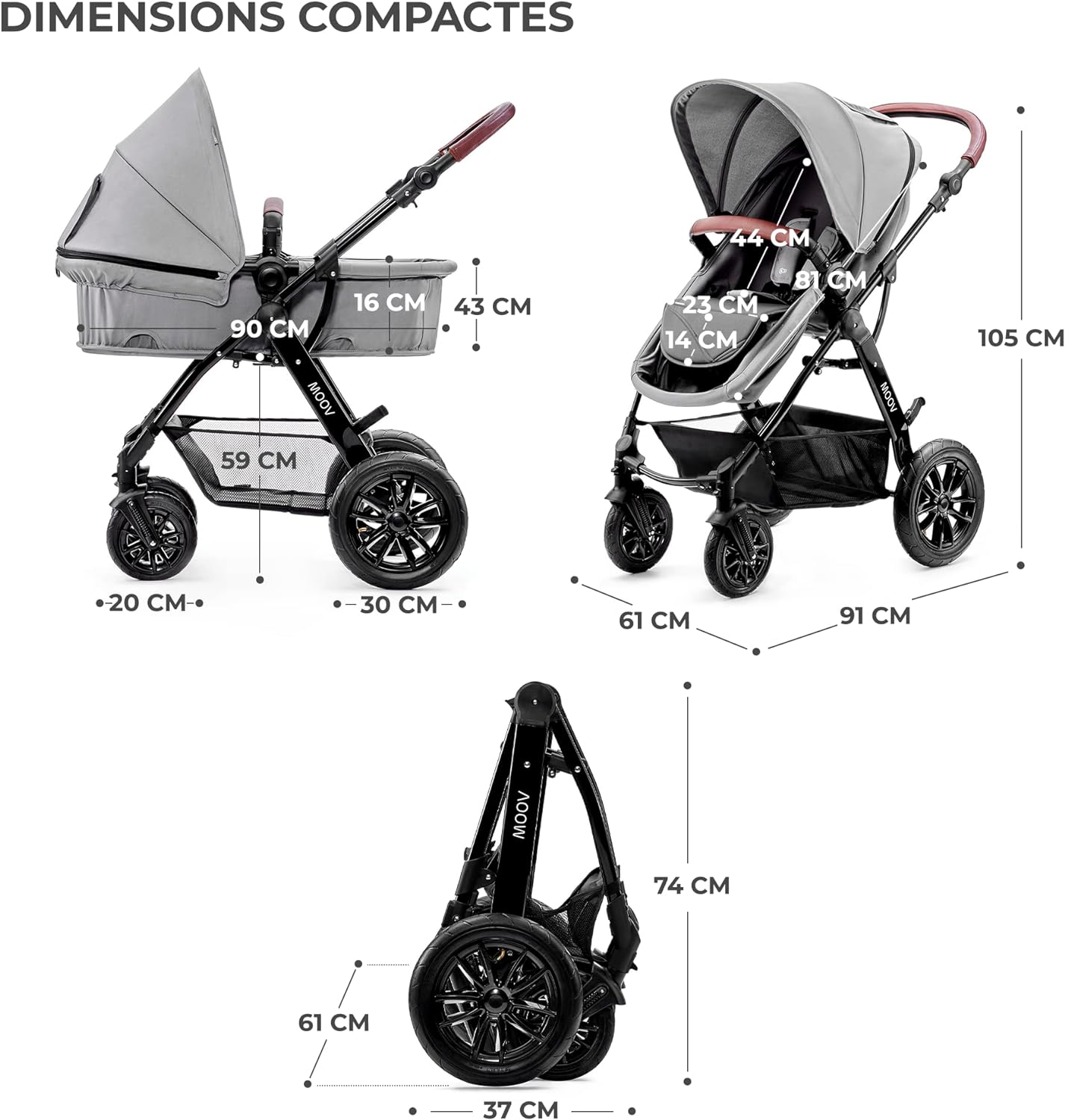 Kinderkraft MOOV 3 in 1 Stroller, Cane Stroller, Trio, Baby Stroller, Baby Pram, With Car Seat, Accessories, Universal Adapters, Carrycot, Big Wheels, 25kg,