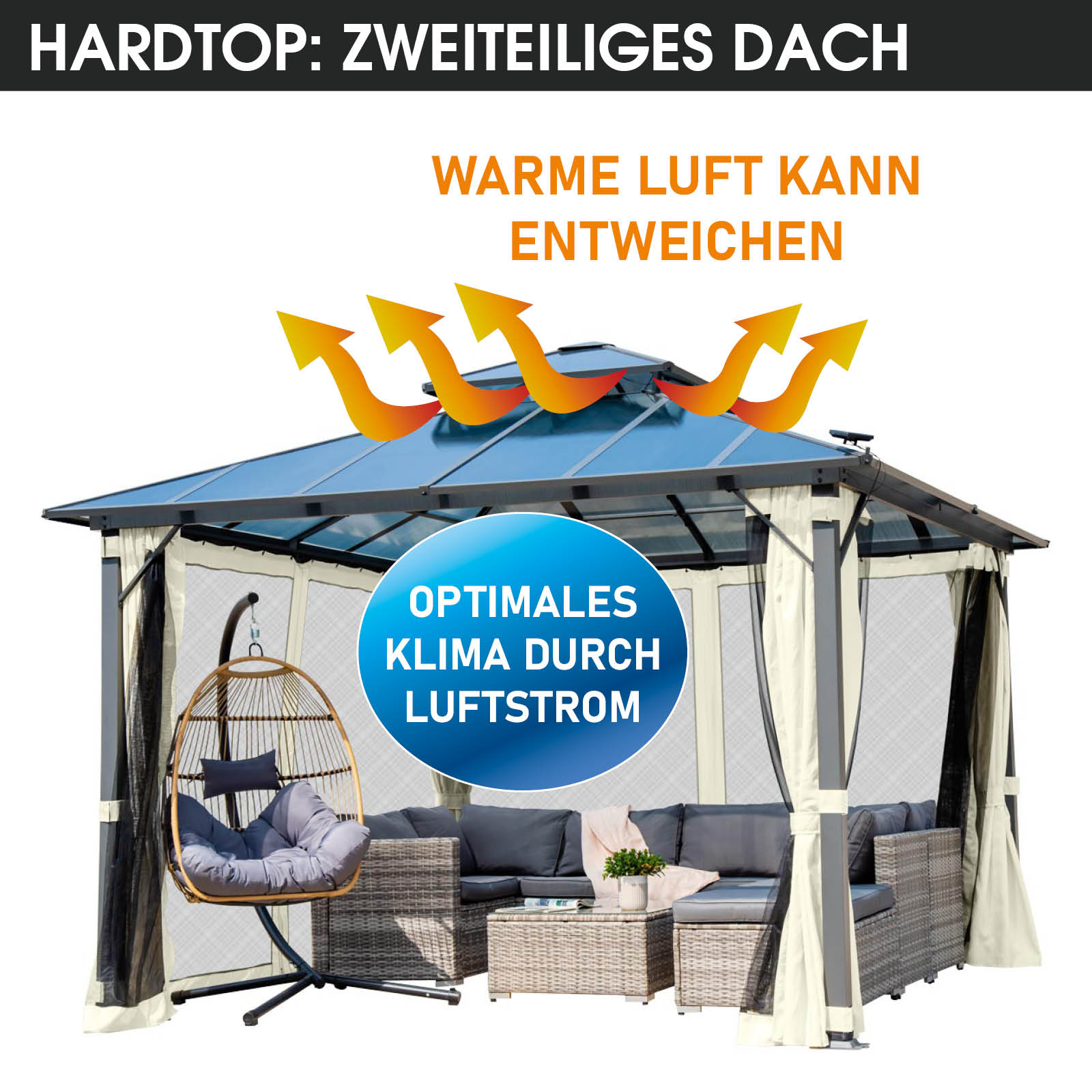 BRAST Alu Pavillon PAGODE 3.5x3.5m beige mit Moskitonetz & LED-Beleuchtung