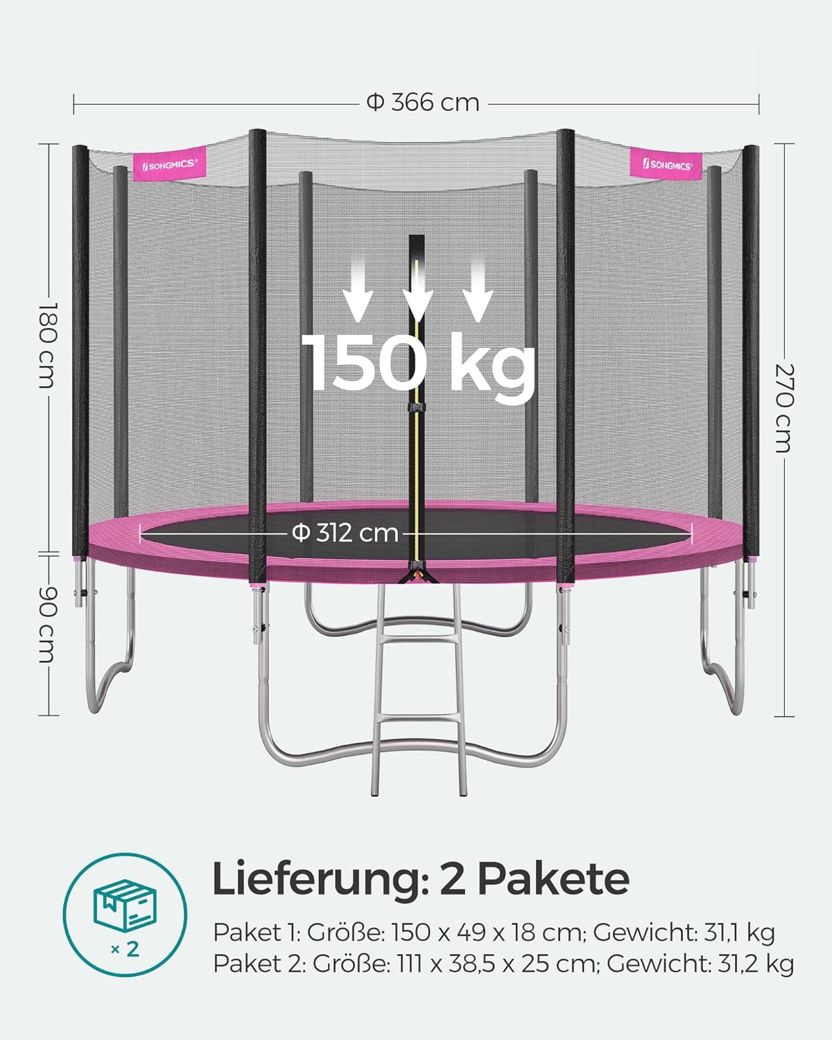 SONGMICS Trampolin Outdoor Ø 366cm. rundes Gartentrampolin mit Randabdeckung. mit Sicherheitsnetz. mit Leiter und gepolsterten Stangen