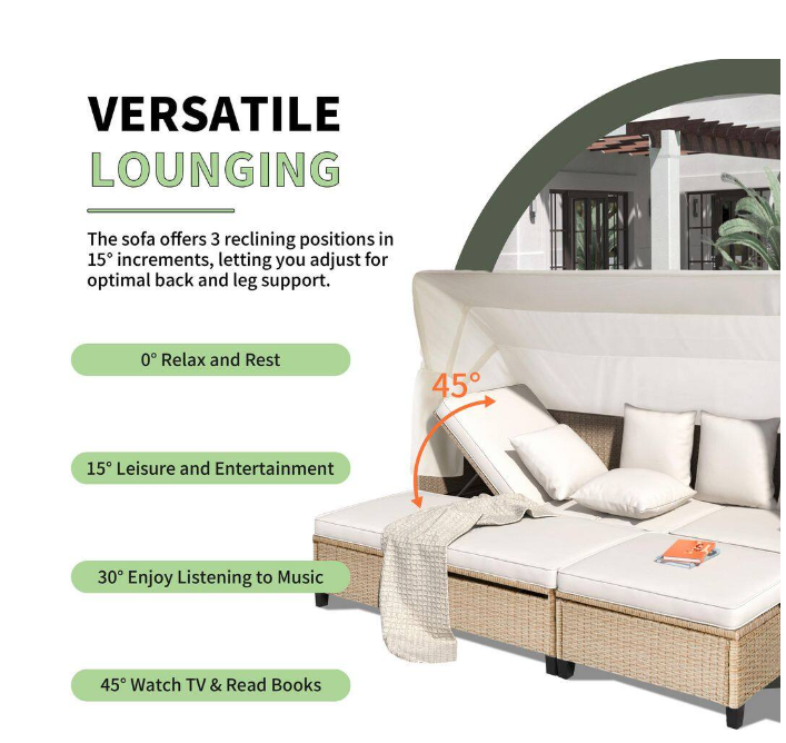 4-piece UV-resistant resin wicker outdoor sofa bed, 3 reclining positions, with cushions and retractable canopy