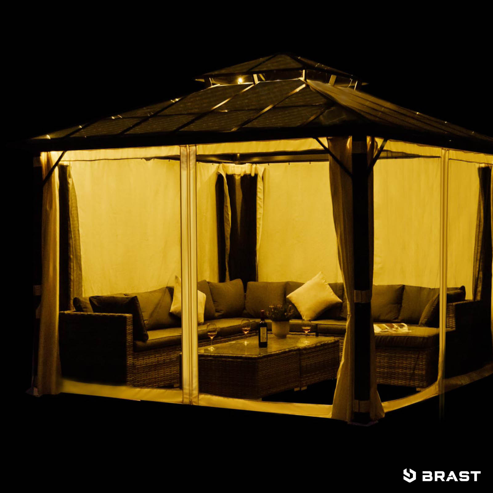 BRAST Alu Pavillon PAGODE 3.5x3.5m beige mit Moskitonetz & LED-Beleuchtung
