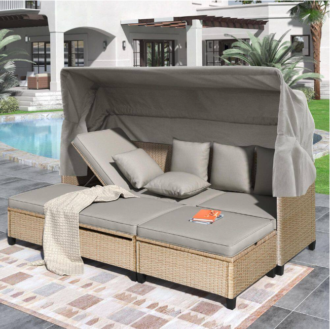 4-piece UV-resistant resin wicker outdoor sofa bed, 3 reclining positions, with cushions and retractable canopy