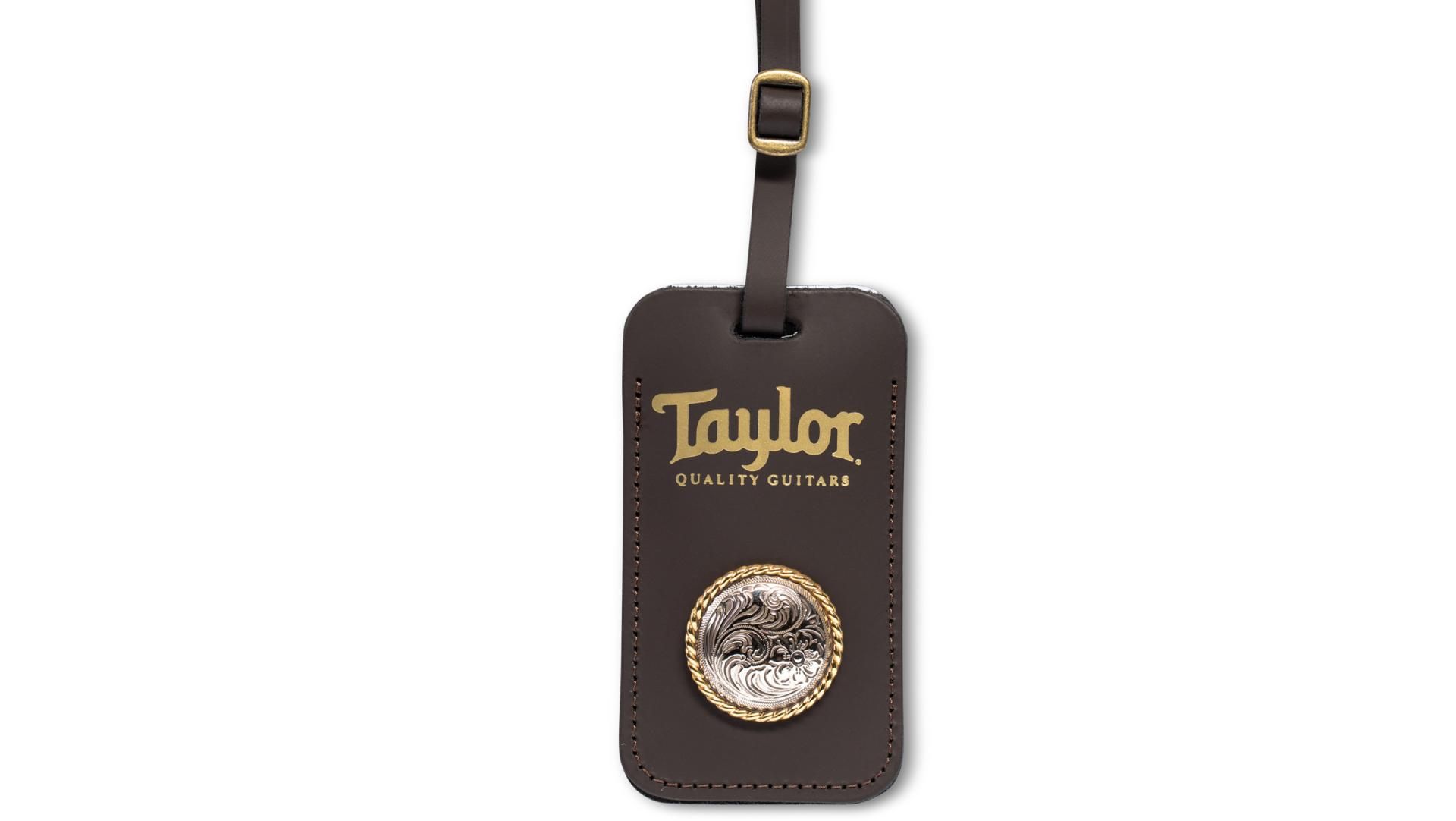 Taylor Leather Luggage Tag W/Concho, Chocolate Brown, Gold Logo