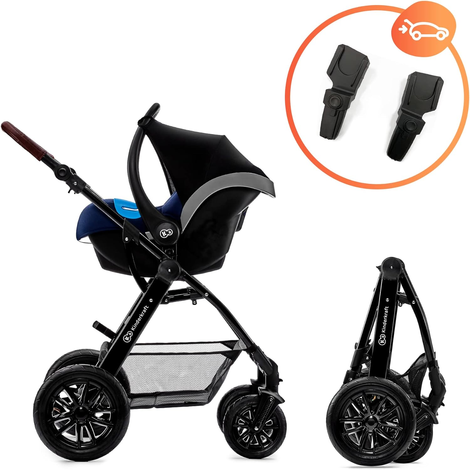 Kinderkraft MOOV 3 in 1 Stroller, Cane Stroller, Trio, Baby Stroller, Baby Pram, With Car Seat, Accessories, Universal Adapters, Carrycot, Big Wheels, 25kg,