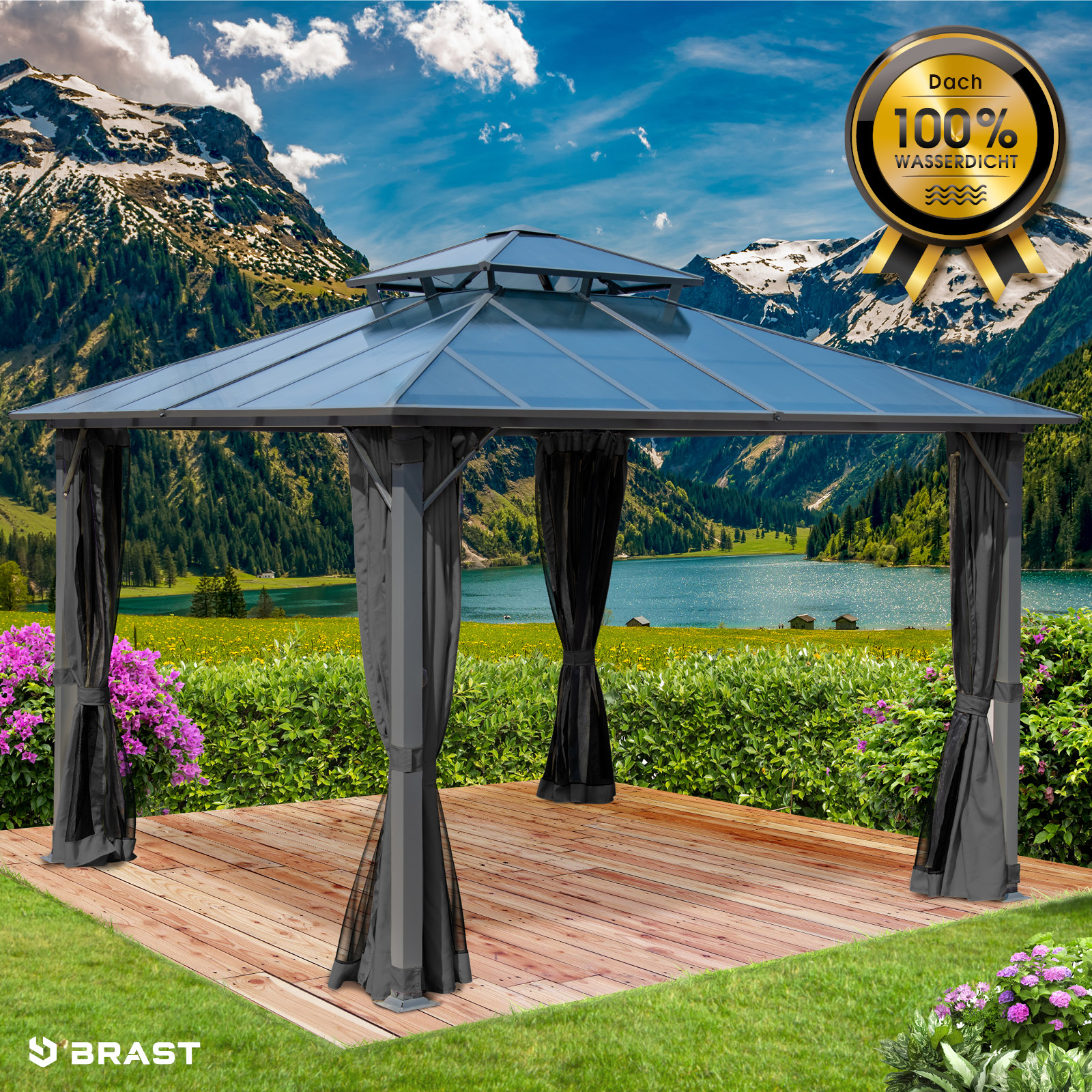 BRAST Alu Pavillon PAGODE 3.5x3.5m dunkelgrau mit Moskitonetz