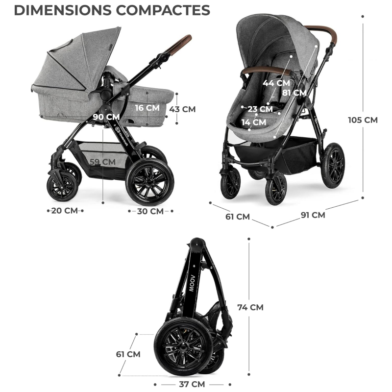 Poussette Kinderkraft Moov + Nacelle + Coque Auto Mink Pro - Grey Melange