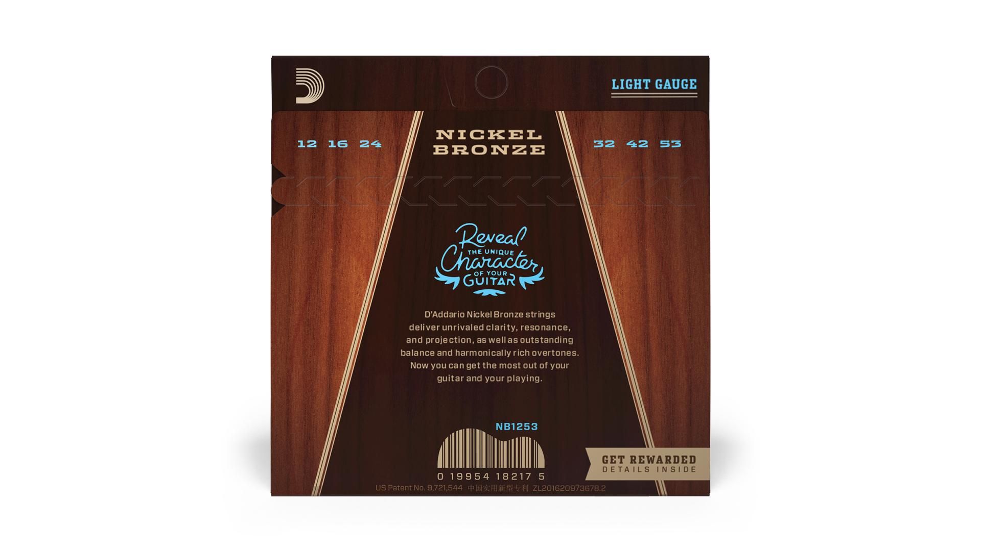 D'Addario NB1253 Nickel Bronze Acoustic Guitar Strings, Light, 12-53