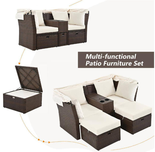 Rattan outdoor patio sofa bed with cushions, folding awning, cup holder and storage box
