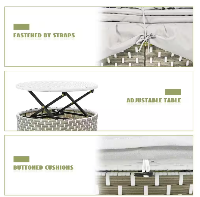 Metal Outdoor Sectional Sofa Set Rattan Daybed 2-Tone Weave Sunbed with Retractable Canopy and Removable Cushion