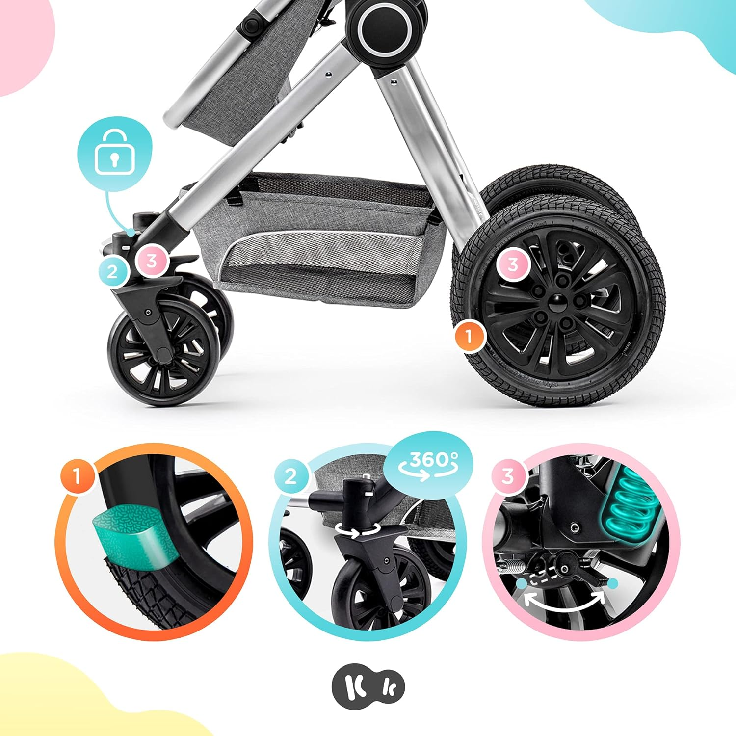 Kinderkraft VEO 3 in 1 Stroller, Combination Stroller, Compact, Pushchair, Pram, Carrycot, With Car Seat, With Accessories, Adapters, 15kg, Gray