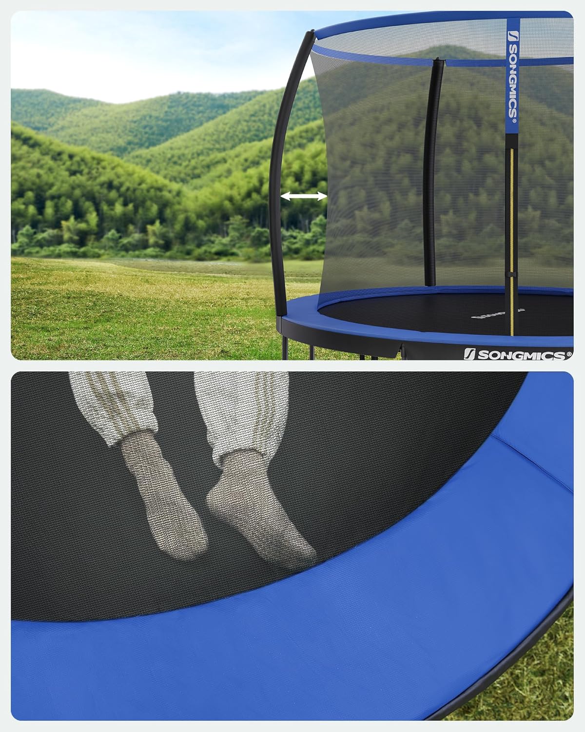 SONGMICS Trampolin Outdoor Ø 366 cm. rundes Gartentrampolin für Kinder mit Sicherheitsnetz. Randabdeckung. Leiter und gepolsterten Stangen