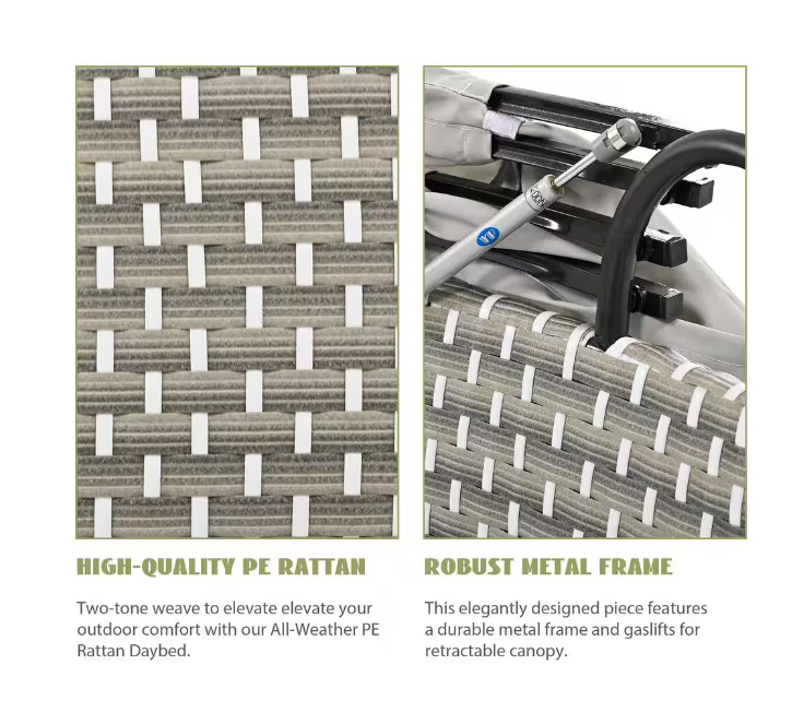 Metal Outdoor Sectional Sofa Set Rattan Daybed 2-Tone Weave Sunbed with Retractable Canopy and Removable Cushion