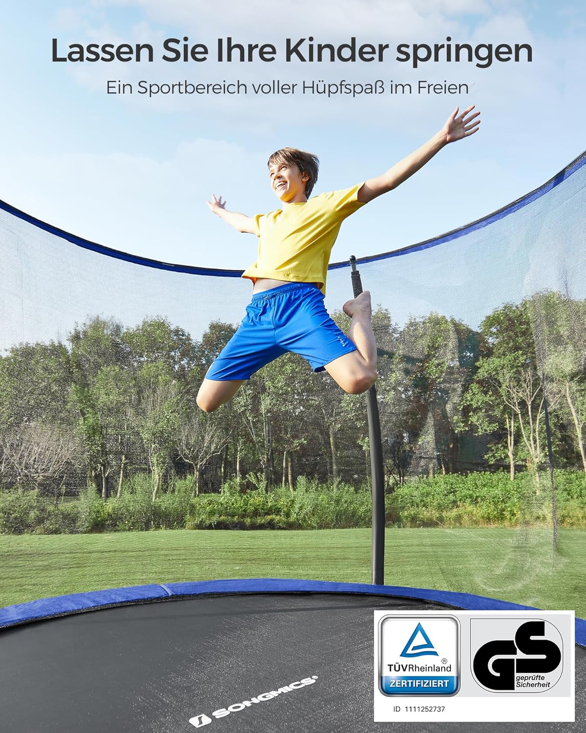 SONGMICS Trampolin Outdoor Ø 244 cm. rundes Gartentrampolin für Kinder mit Sicherheitsnetz. Randabdeckung. Leiter und gepolsterten Stangen