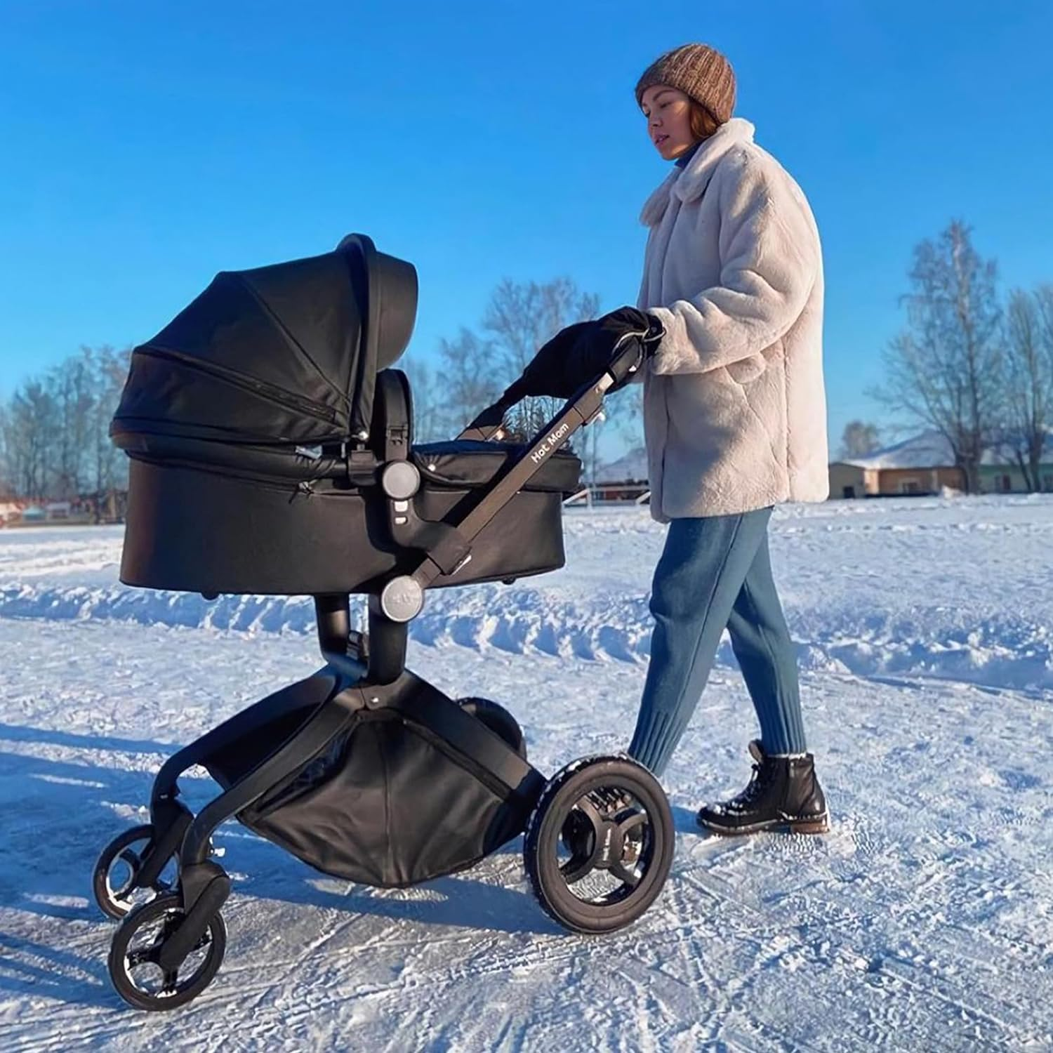 Hot Mom Baby Stroller: Baby Carriage with Adjustable Seat Height Angle and Four-Wheel Shock Absorption,Reversible,High Landscape and Fashional Pram