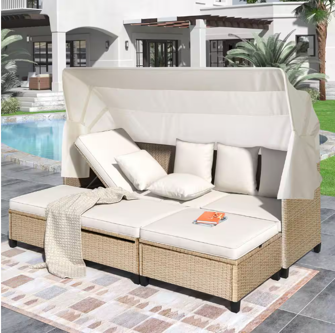 4-piece UV-resistant resin wicker outdoor sofa bed, 3 reclining positions, with cushions and retractable canopy