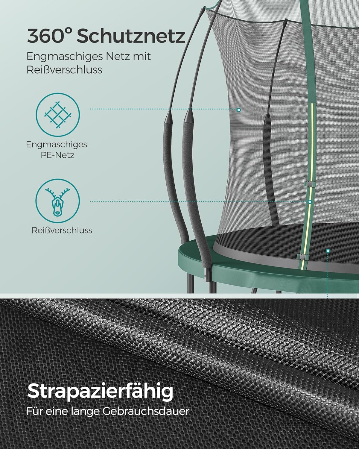 SONGMICS Federloses Trampolin Ø 366 cm. Trampolin Outdoor für Kinder. elastische Seile. Sicherheitsnetz mit Reißverschluss. Glasfaserstangen. sicher. geräuscharm