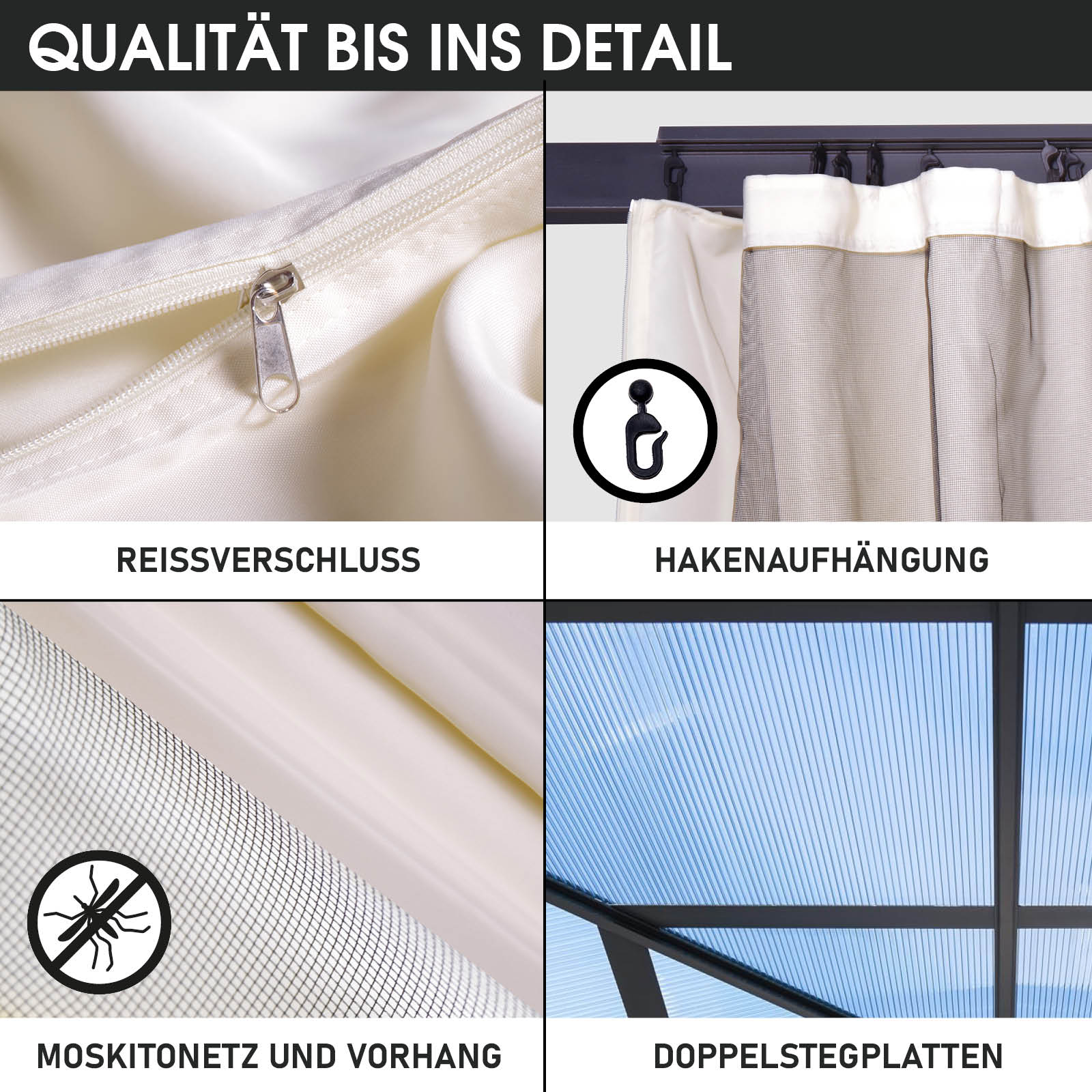 BRAST Alu Pavillon PAGODE 4x4m beige mit Moskitonetz & LED-Beleuchtung