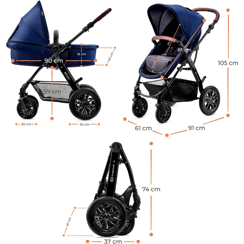Kinderkraft MOOV 3 in 1 Stroller, Cane Stroller, Trio, Baby Stroller, Baby Pram, With Car Seat, Accessories, Universal Adapters, Carrycot, Big Wheels, 25kg,