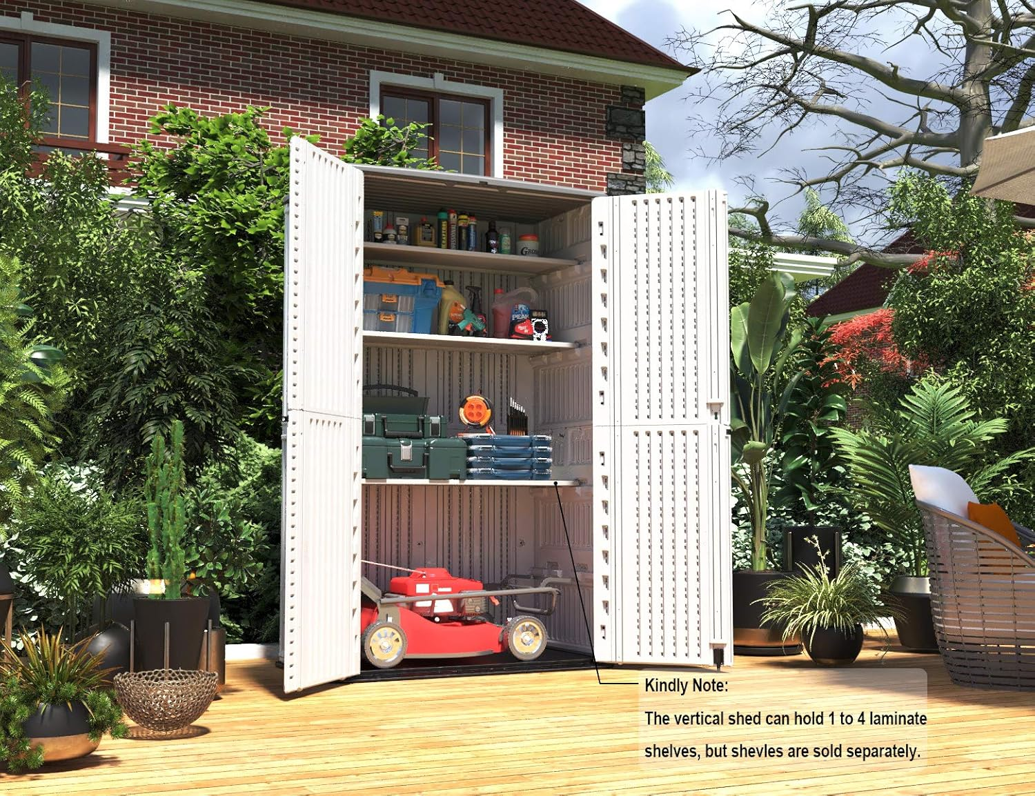 HOMSPARK Cobertizo de almacenamiento vertical resistente a la intemperie, gabinete de almacenamiento al aire libre de doble capa multiusos para patios traseros y accesorios de patios, (50 pulgadas de largo x 29 pulgadas de ancho x 82 pulgadas de alto