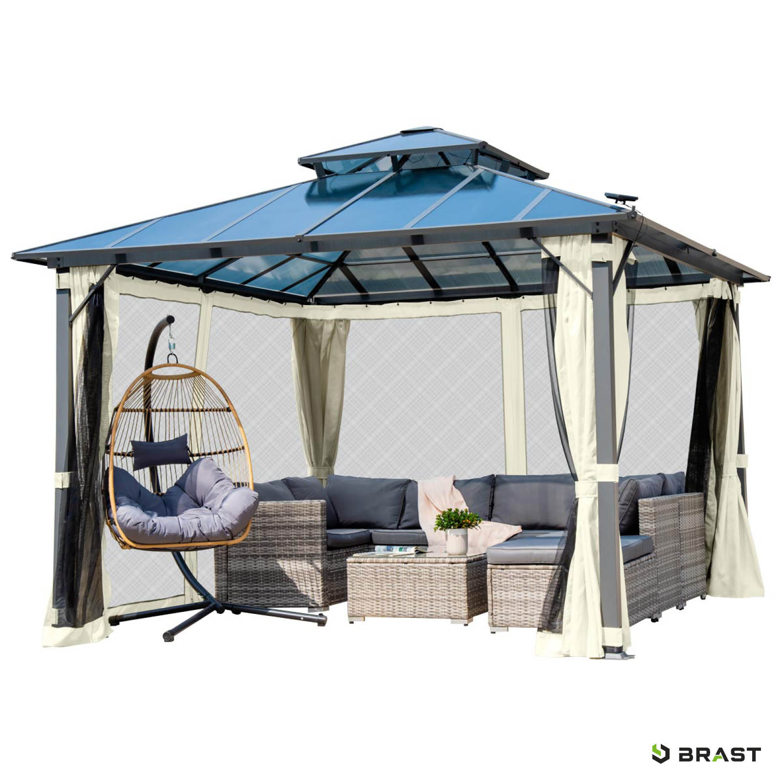 BRAST Alu Pavillon PAGODE 3.5x3.5m beige mit Moskitonetz & LED-Beleuchtung