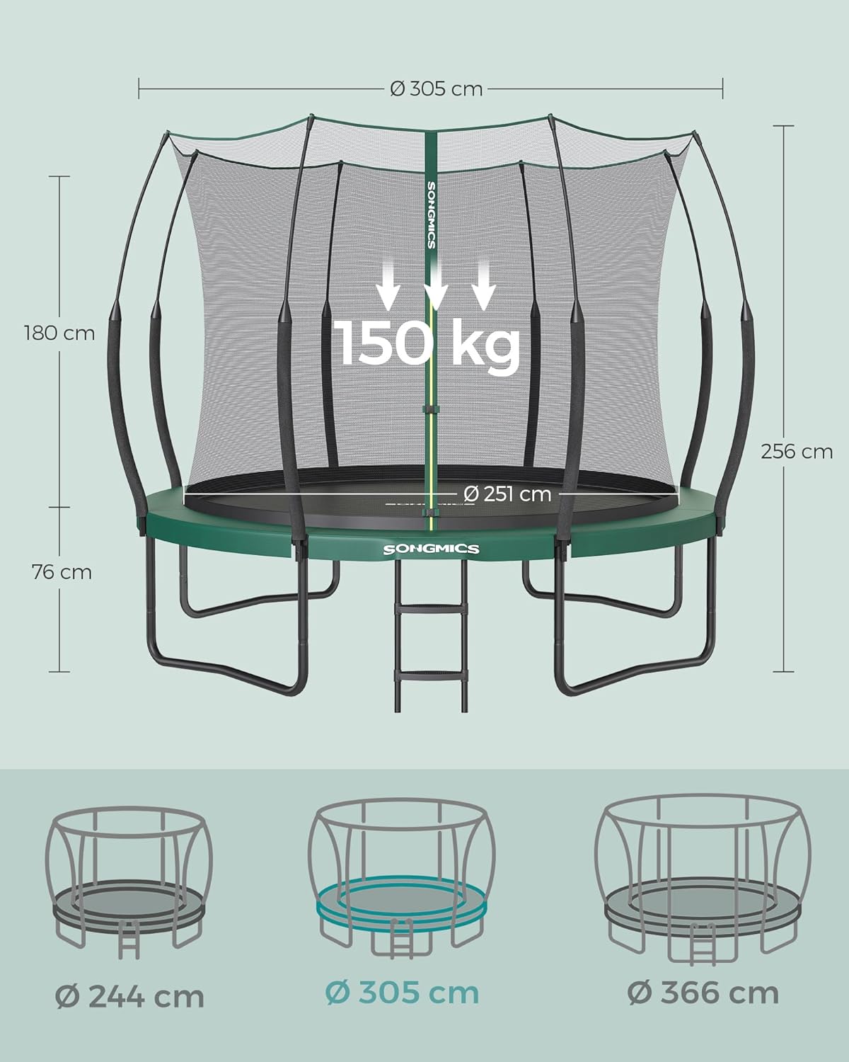 SONGMICS Federloses Trampolin Ø 305 cm. Trampolin Outdoor für Kinder. elastische Seile. Sicherheitsnetz mit Reißverschluss. Glasfaserstangen. sicher. geräuscharm