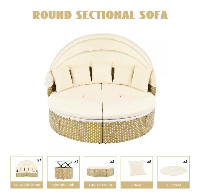 Metal Outdoor Sectional Sofa Set Rattan Daybed 2-Tone Weave Sunbed with Retractable Canopy and Removable Cushion