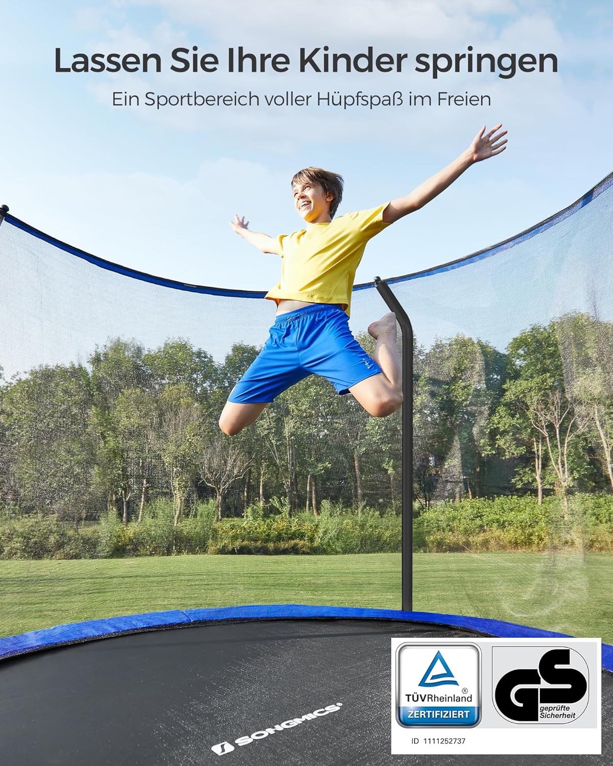 SONGMICS Trampolin Outdoor Ø 427 cm. rundes Gartentrampolin mit Sicherheitsnetz und Leiter. Randabdeckung. gepolstertes Gestell. für Kinder