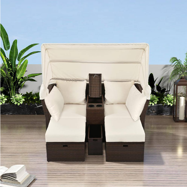 Rattan outdoor patio sofa bed with cushions, folding awning, cup holder and storage box