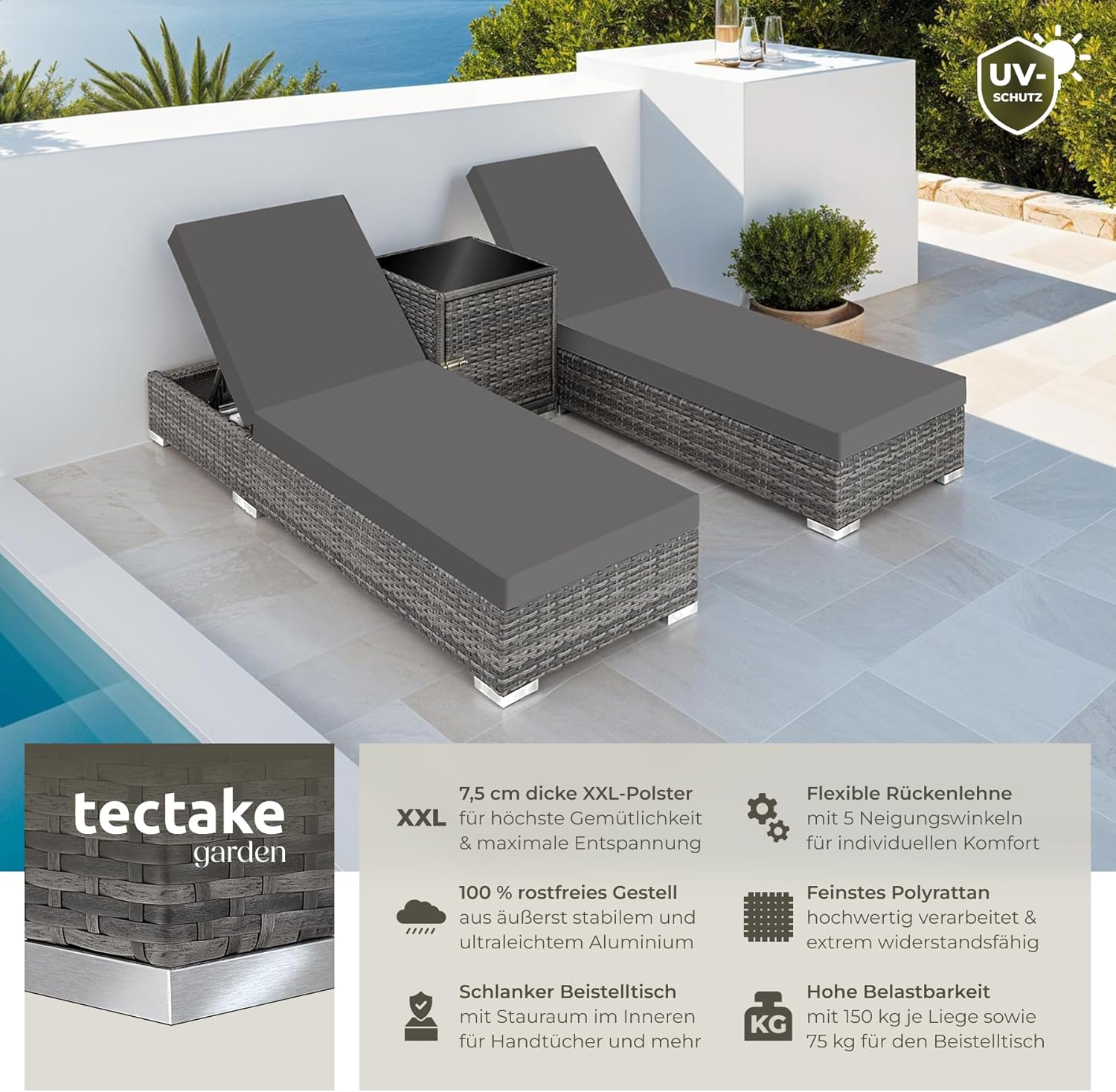 TecTake 403088 Set of 2 Aluminium Polyrattan Sun Lounger + Table incl. Protective covers and 2 cover sets. stainless steel screws. grey