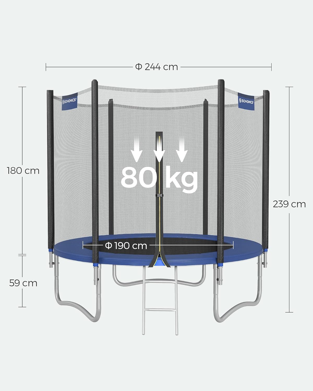 SONGMICS Trampolin Outdoor Ø 244cm. rundes Gartentrampolin mit Randabdeckung. mit Sicherheitsnetz. mit Leiter und gepolsterten Stangen