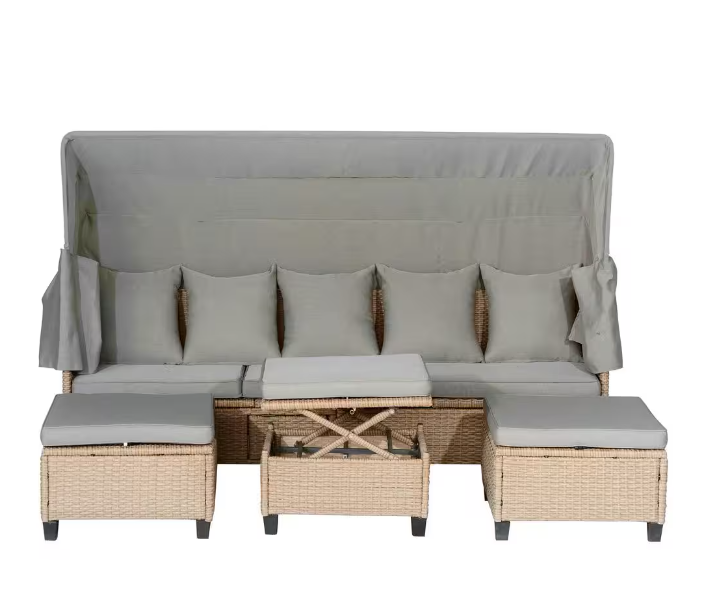 4-piece UV-resistant resin wicker outdoor sofa bed, 3 reclining positions, with cushions and retractable canopy
