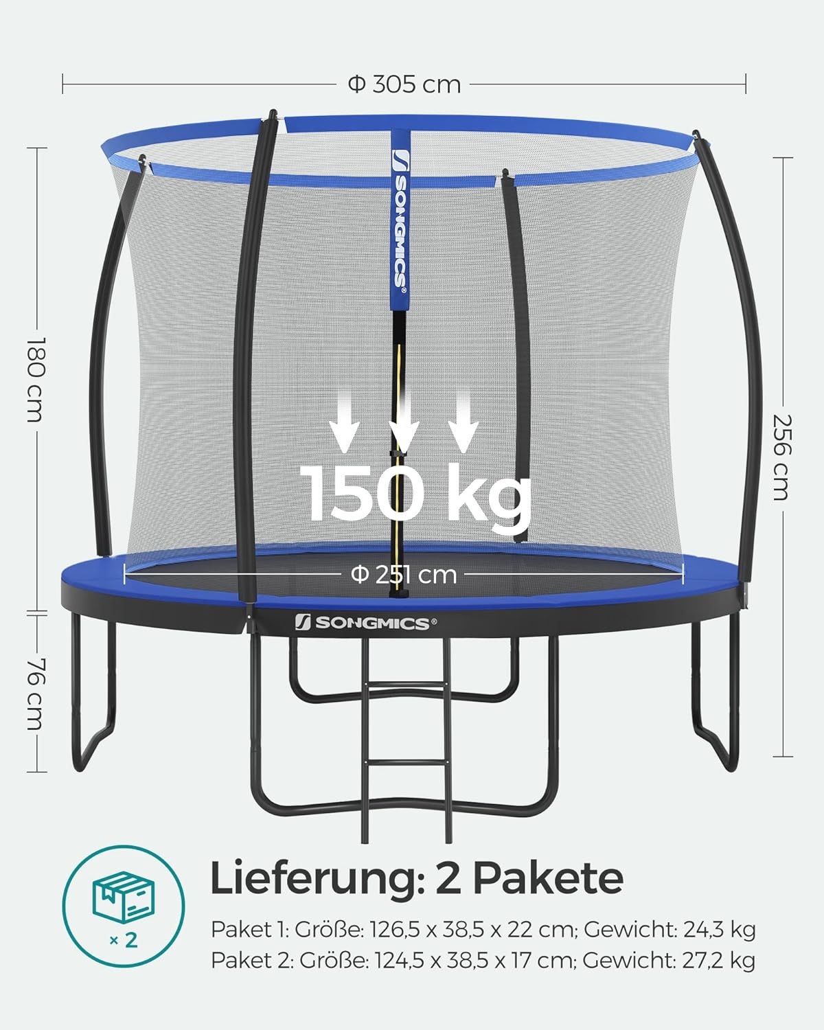 SONGMICS Trampolin Outdoor Ø 305 cm. rundes Gartentrampolin für Kinder mit Sicherheitsnetz. Randabdeckung. Leiter und gepolsterten Stangen