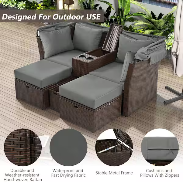Rattan outdoor patio sofa bed with cushions, folding awning, cup holder and storage box