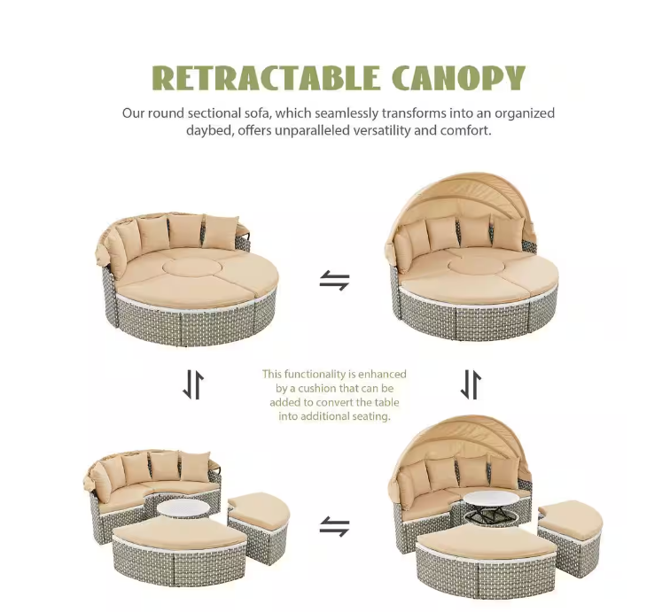 Metal Outdoor Sectional Sofa Set Rattan Daybed 2-Tone Weave Sunbed with Retractable Canopy and Removable Cushion