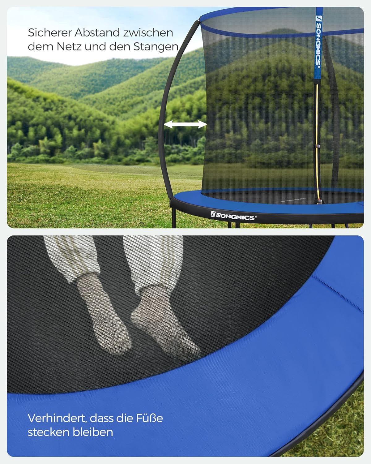 SONGMICS Trampolin Outdoor Ø 244 cm. rundes Gartentrampolin für Kinder mit Sicherheitsnetz. Randabdeckung. Leiter und gepolsterten Stangen